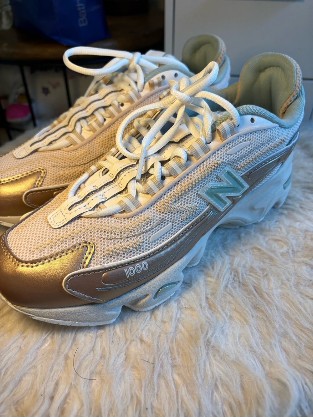 New Balance Women's Metallic Gold and White 1000 Sneakers